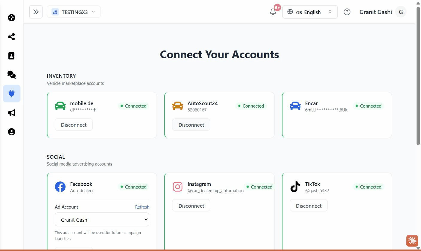 The Integrations hub (Connect Your Accounts) with the Inventory, Social, and Messaging & Email sections