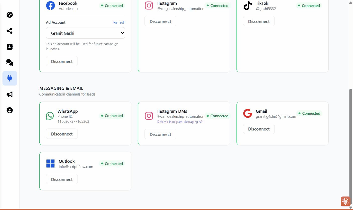Integrations hub → Messaging & Email section, showing the WhatsApp card