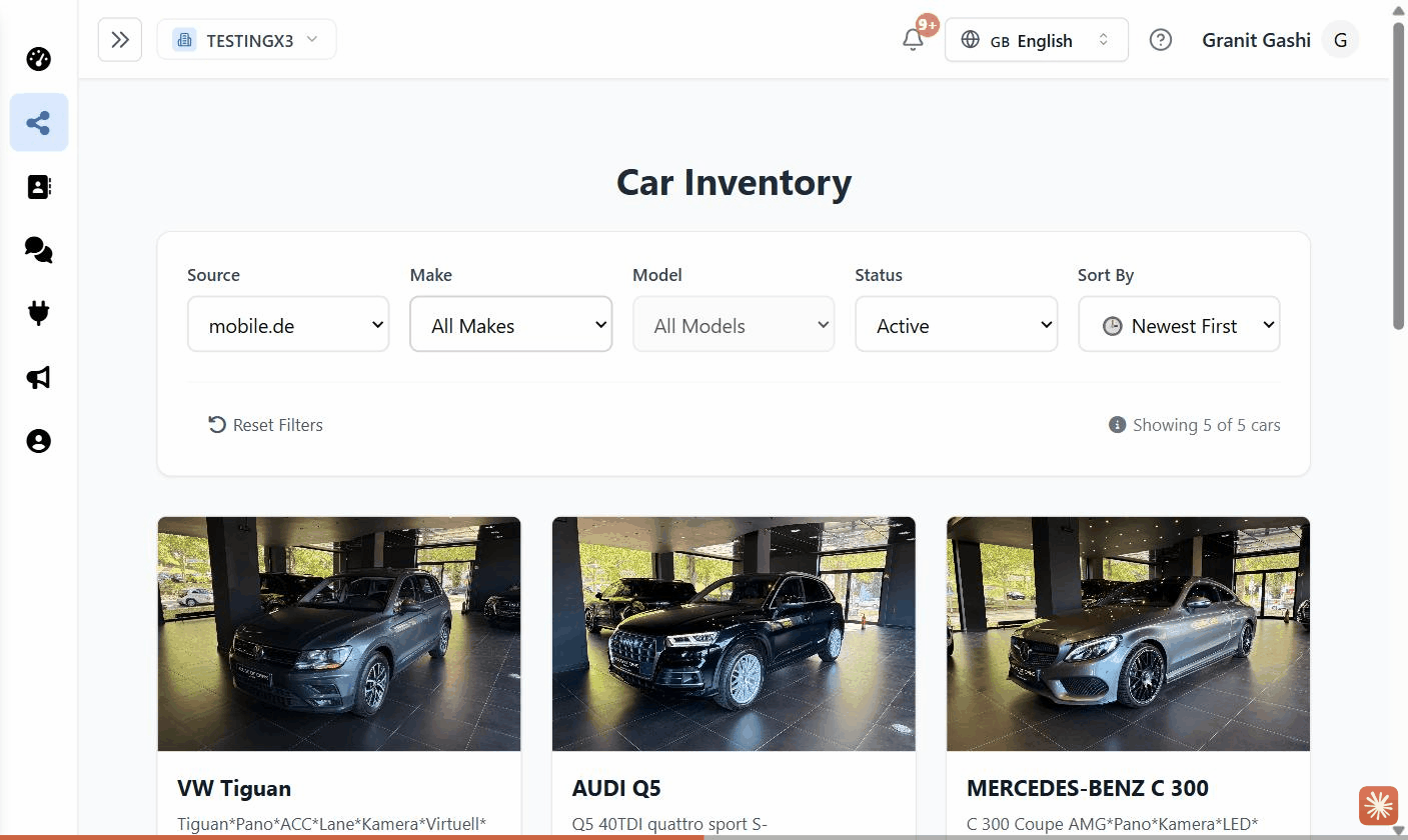My Inventory: the vehicle grid with search and filters