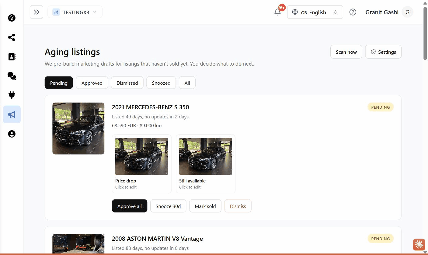 Aging Listings page: a list of stale vehicles, each with pre-built draft thumbnails and Approve / Snooze / Dismiss actions