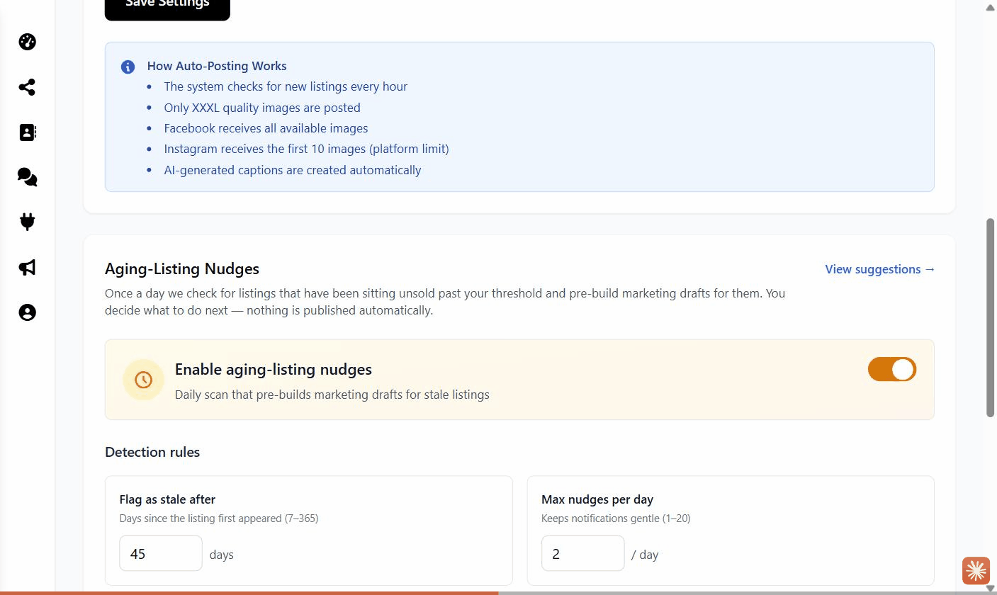 Settings → Aging-Listing Nudges: the enable toggle, 'Flag as stale after' and 'Max nudges per day' fields, and the draft options