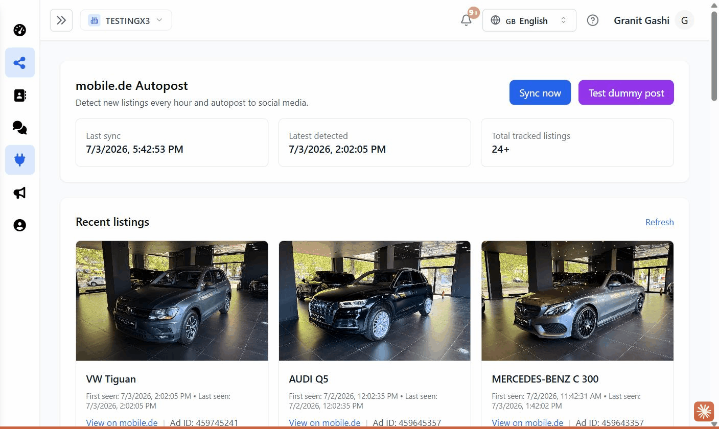 The Autopost monitoring page: Last sync, Latest detected, tracked listings, and the Sync now button