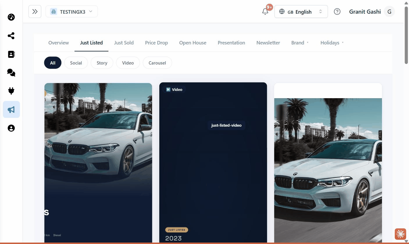 Marketing Center with the category tabs along the top; the 'Just Listed' tab selected