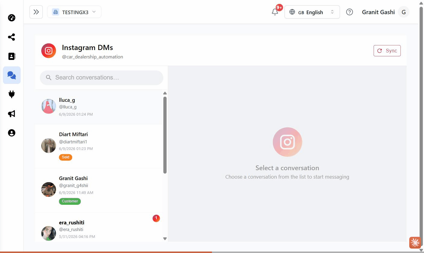 The Instagram DMs inbox: conversation list on the left, open chat on the right