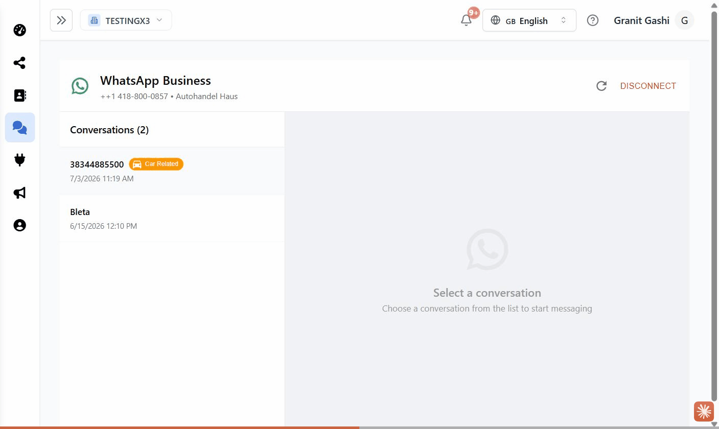 A channel inbox in Scriptiflow: the conversation list on the left, the open chat on the right