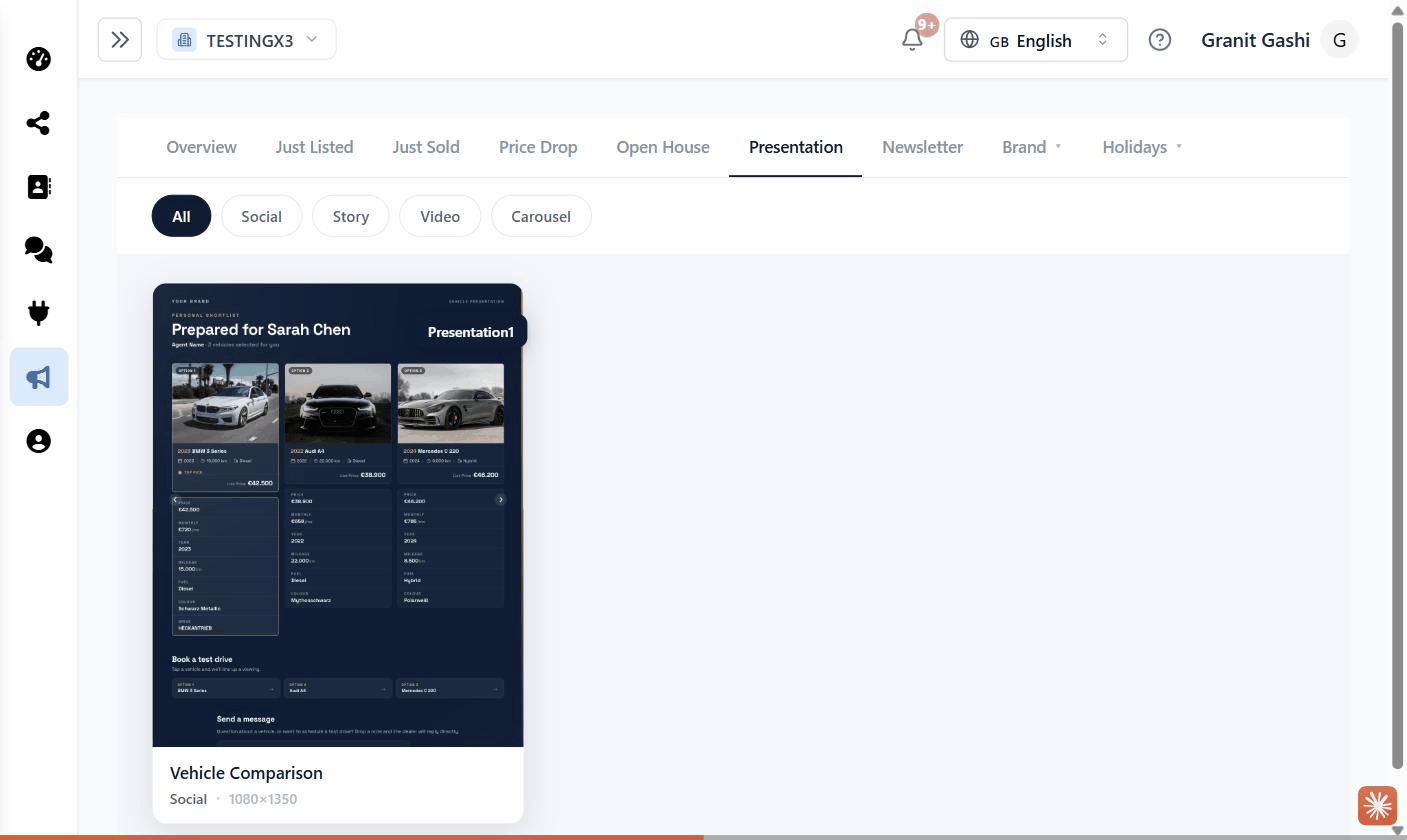 Marketing Center with the Presentation category selected and the presentation templates showing