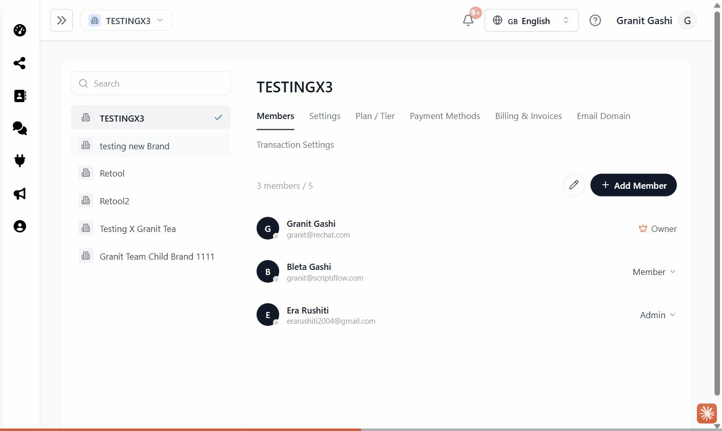 Settings → Members, showing the current team and the invite control