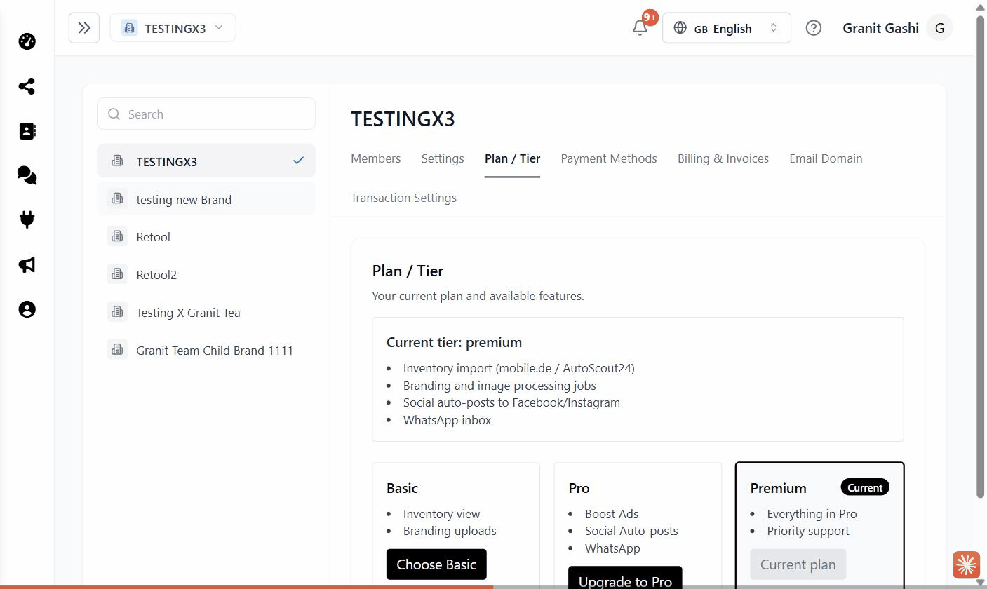 Settings → Plan / Tier, showing the current plan