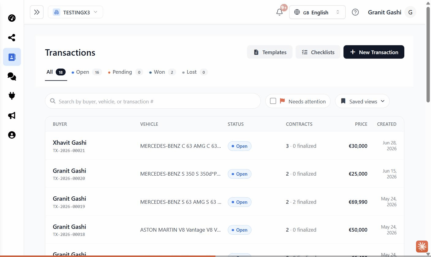 The Transactions list, showing deals and their current stage
